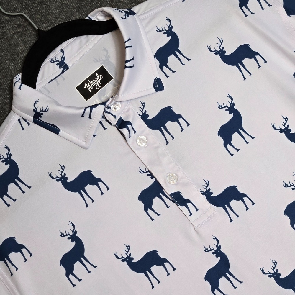 Waggle Men's Golf Polo Bucked Up White‎ and Navy Deer Print Sz XL